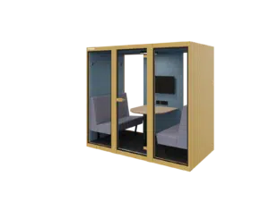 Gele tweedehands akoestische cabine VOX002 met grijze binnenkant en treinbanken.